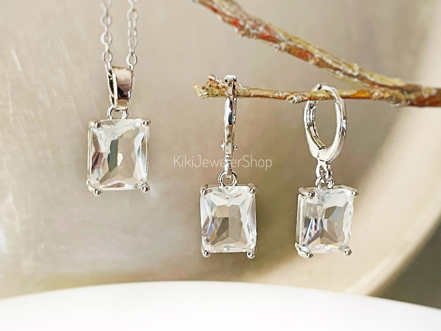 White sapphire 2pc jewelry set small emerald cut