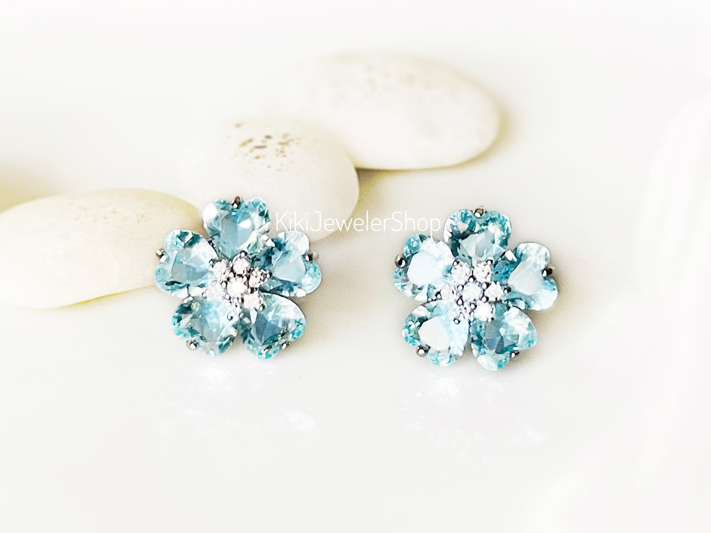 Aquamarine flower stud earrings, light blue gemstone double flower studs