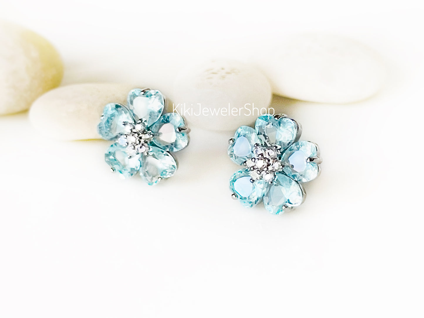 Aquamarine flower stud earrings, light blue gemstone double flower studs