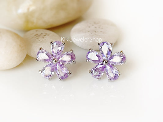 Light amethyst flower stud earrings studs, lilac purple gemstone flower studs