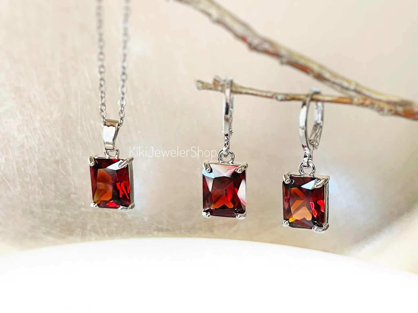 Garnet 2pc jewelry set small emerald cut