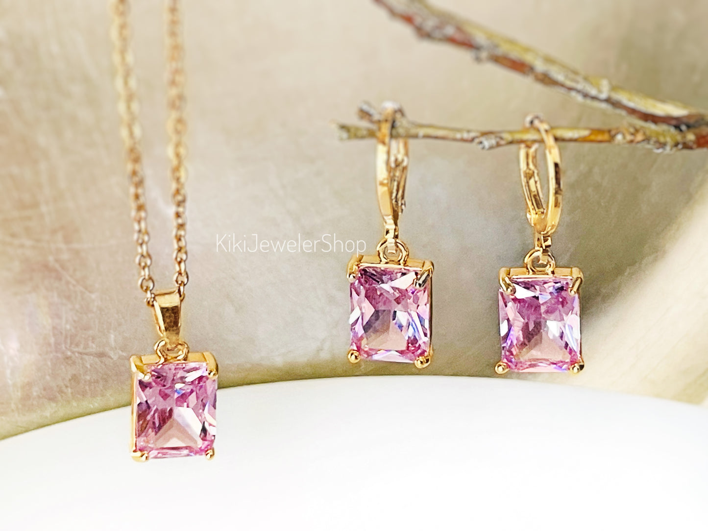 Pink sapphire 2pc jewelry set small emerald cut
