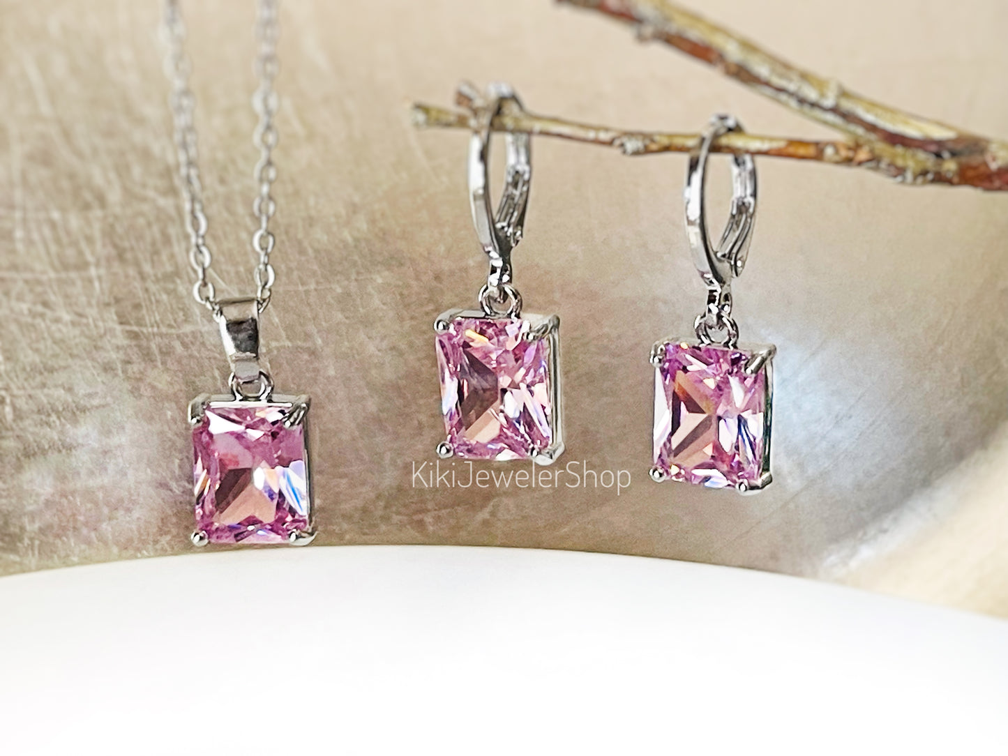 Pink sapphire 2pc jewelry set small emerald cut