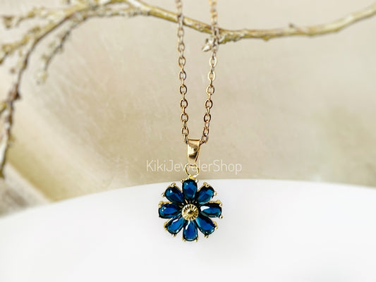 Daisy flower charm necklace, sapphire flower pendant