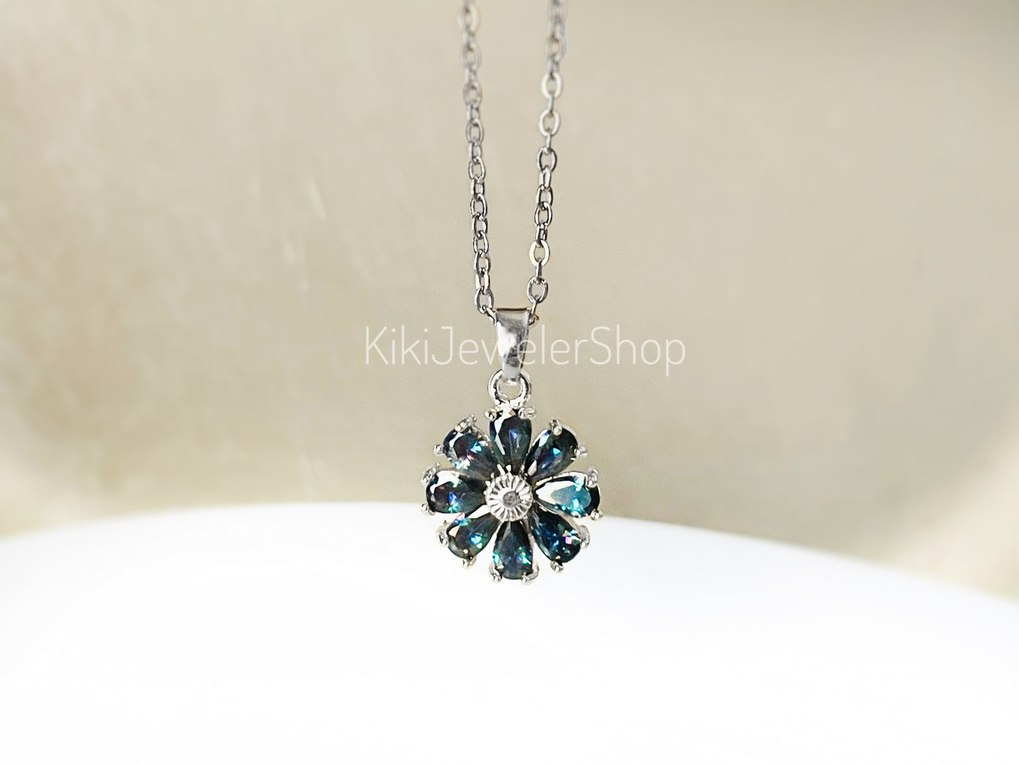 Daisy flower charm necklace, sapphire flower pendant