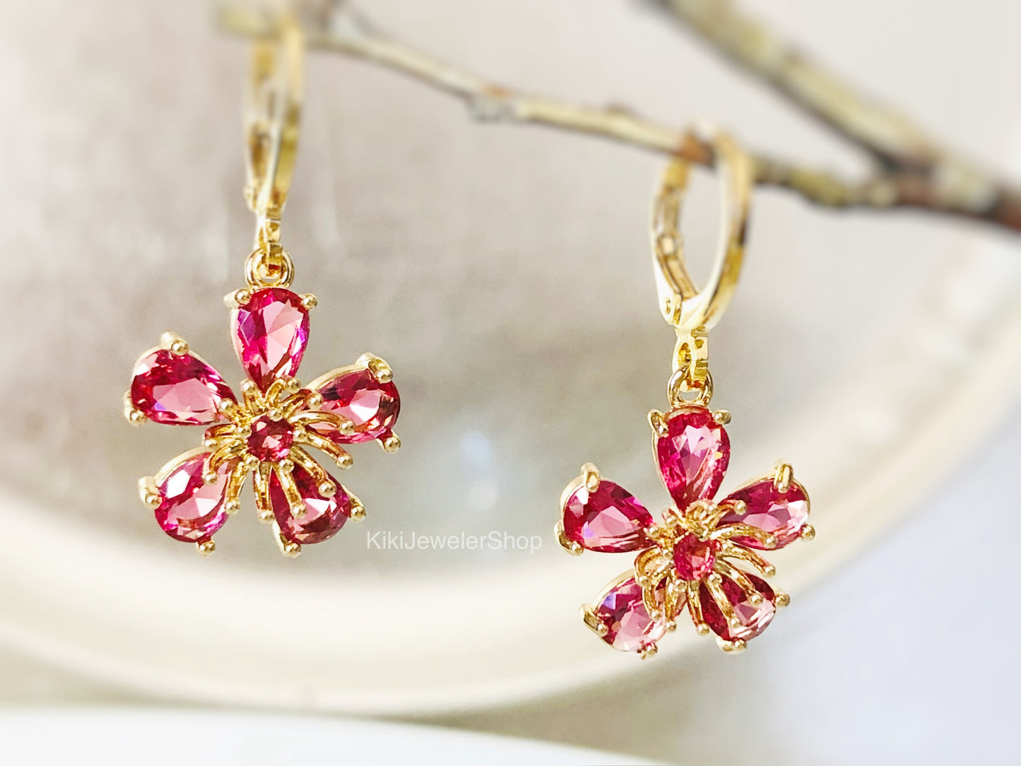 Pink Tourmaline Flower Dangle Earrings