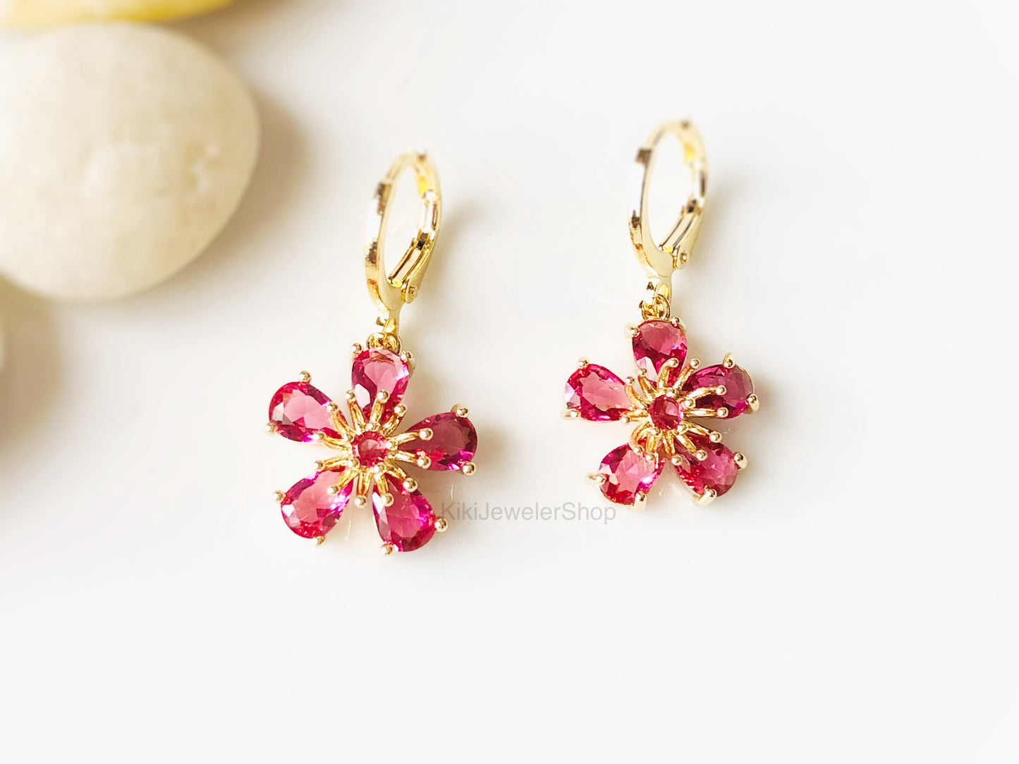 Pink Tourmaline Flower Dangle Earrings