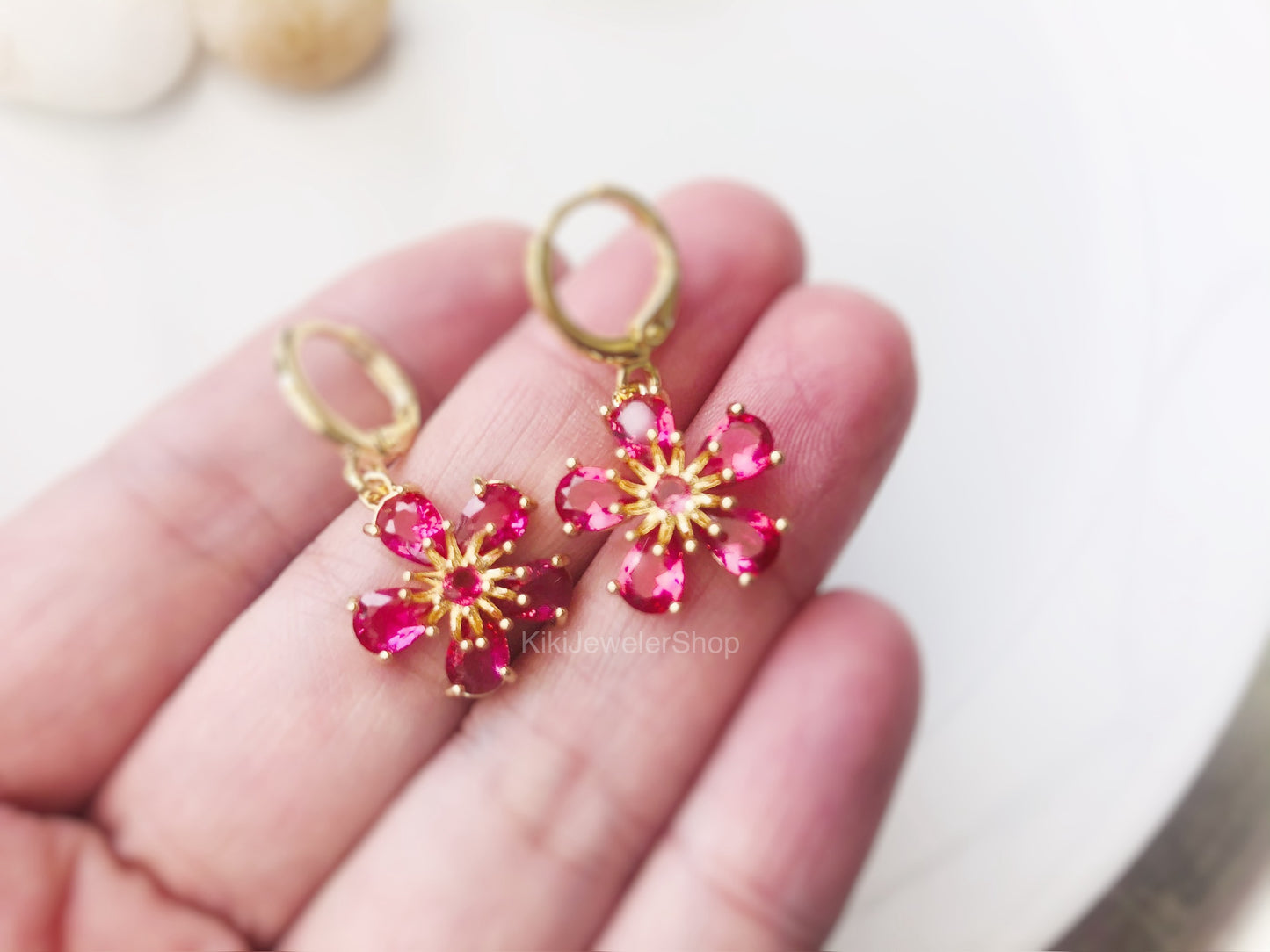 Pink Tourmaline Flower Dangle Earrings