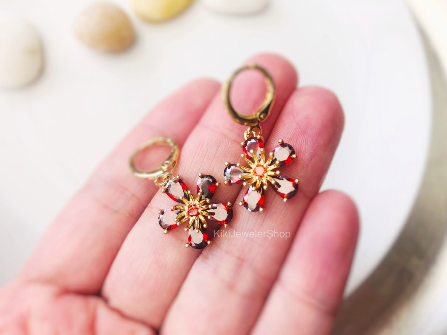 Pink Tourmaline Flower Dangle Earrings