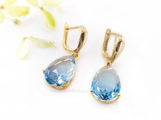 Large bicolor blue tourmaline dangles gold