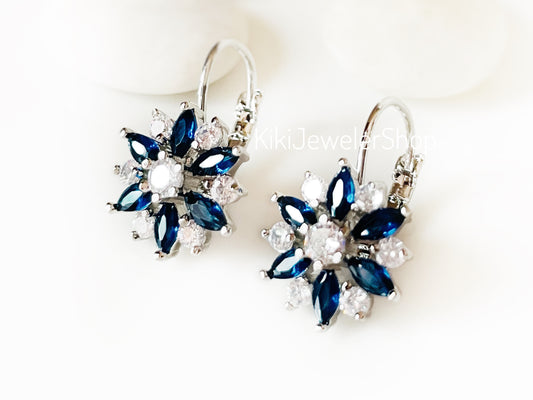 Blue+White Sapphire Snowflake Flower Leverback Earrings