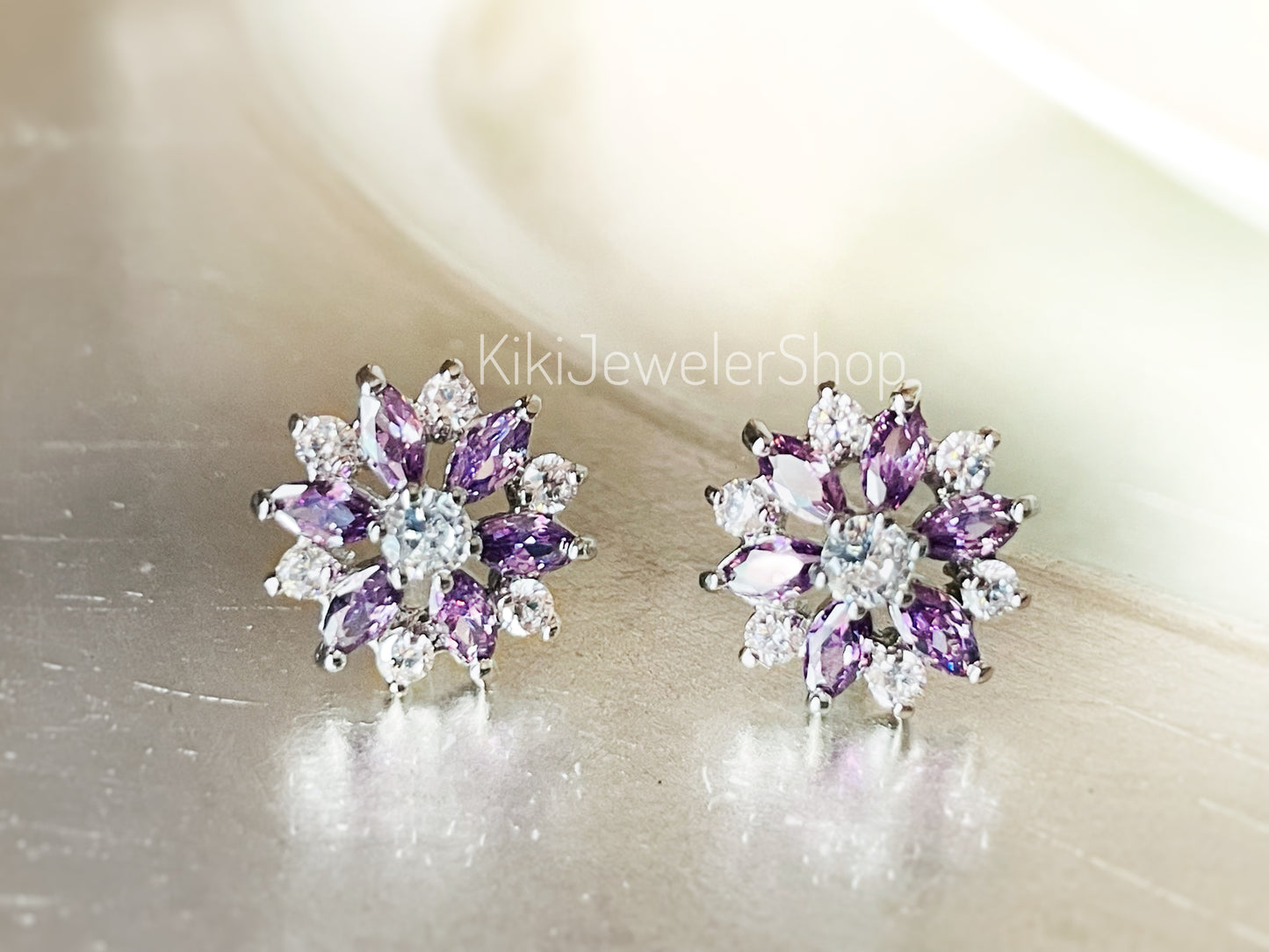 Amethyst White sapphire flower stud earrings, snowflake gemstone studs