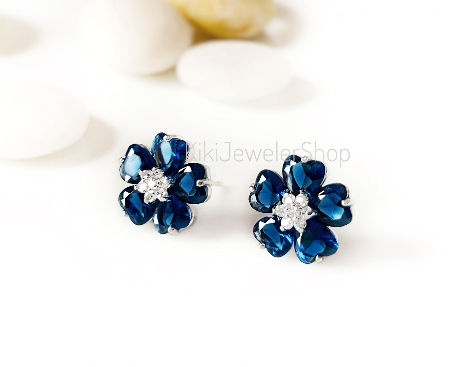 Aquamarine flower stud earrings, light blue gemstone double flower studs