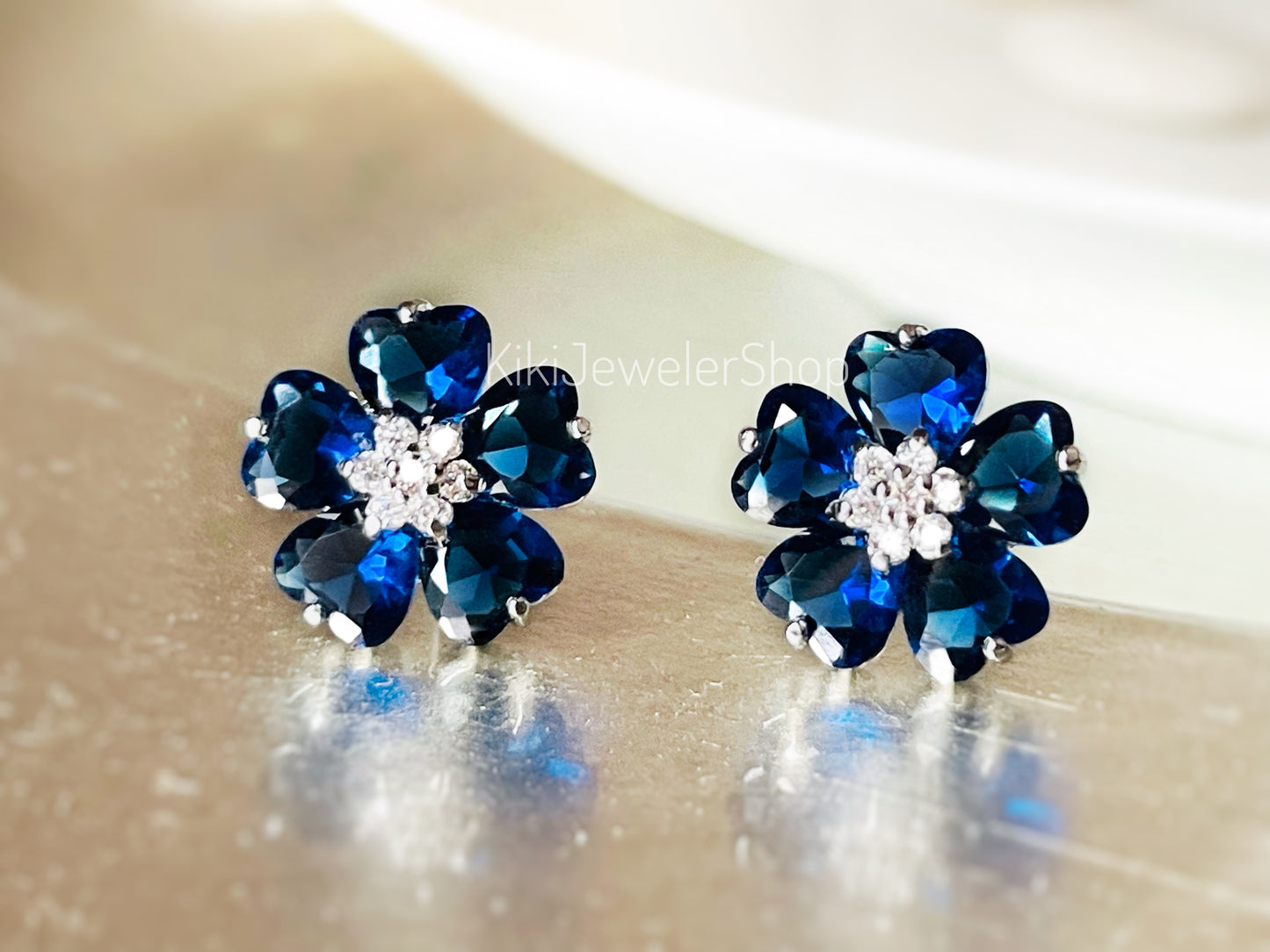 Aquamarine flower stud earrings, light blue gemstone double flower studs