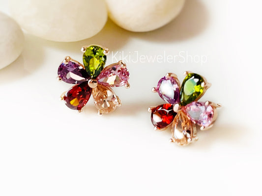 Multicolored flower stud earrings studs, rainbow gemstone 5 petal flower studs