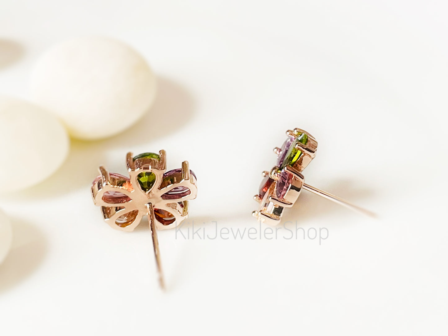 Ruby flower stud earrings studs, dark red gemstone 5 petal flower studs