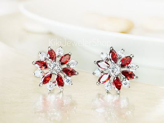 Garnet white sapphire flower stud earrings, snowflake gemstone studs