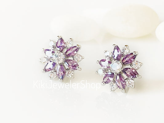 Amethyst White sapphire flower stud earrings, snowflake gemstone studs