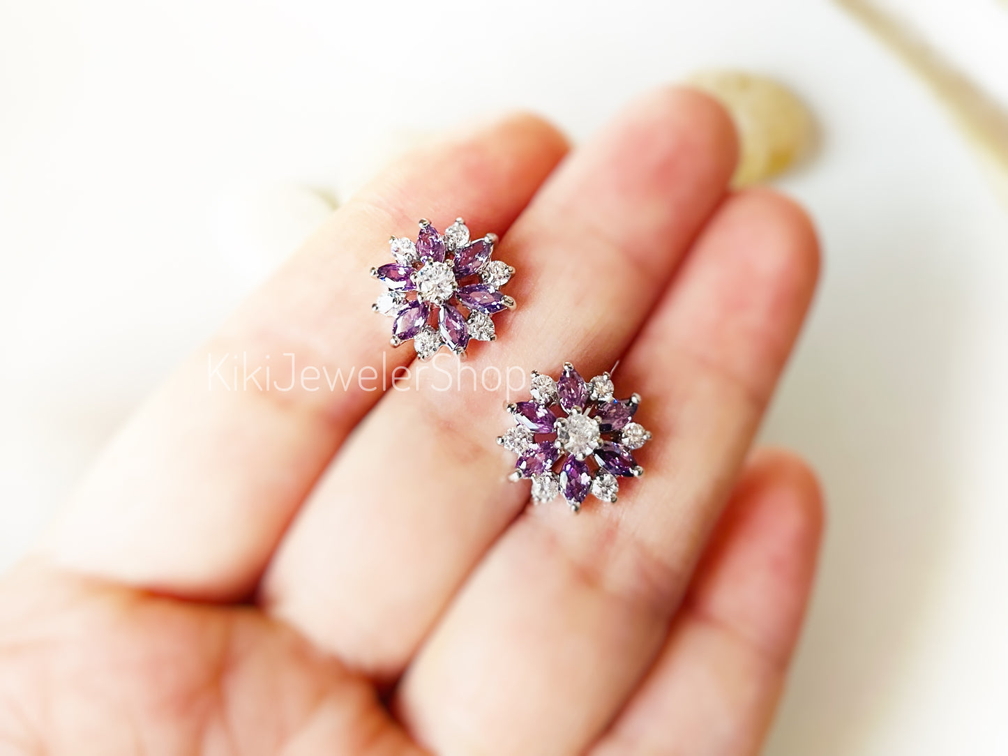 Amethyst White sapphire flower stud earrings, snowflake gemstone studs