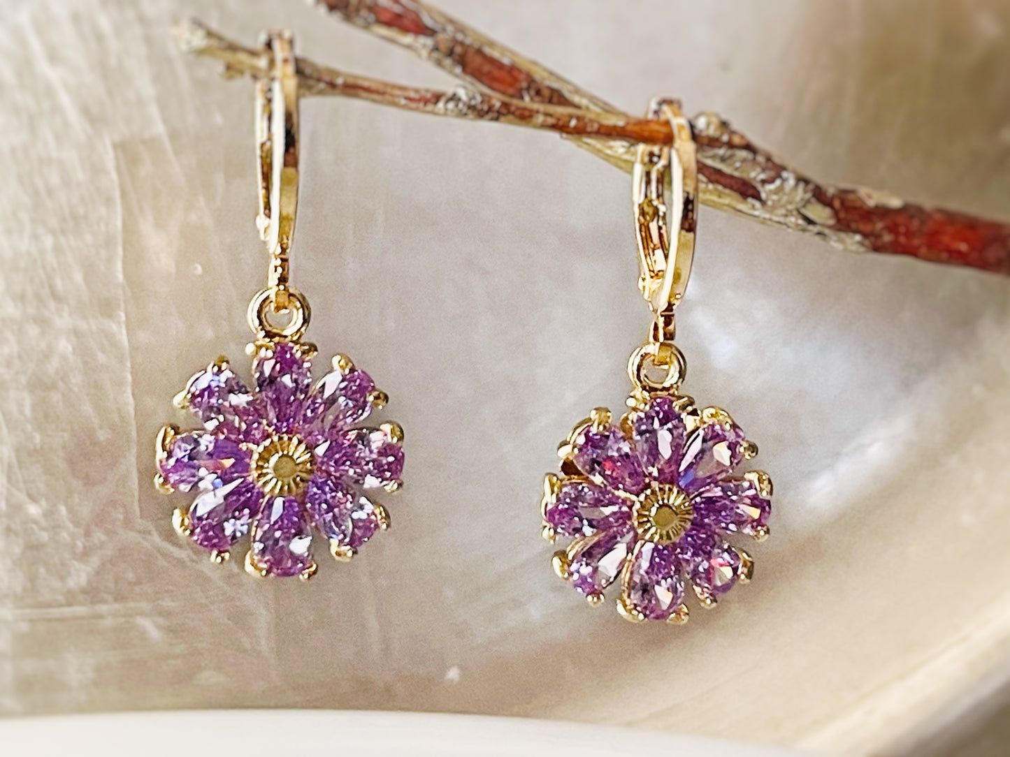 Amethyst purple daisy flower 2pc jewelry set