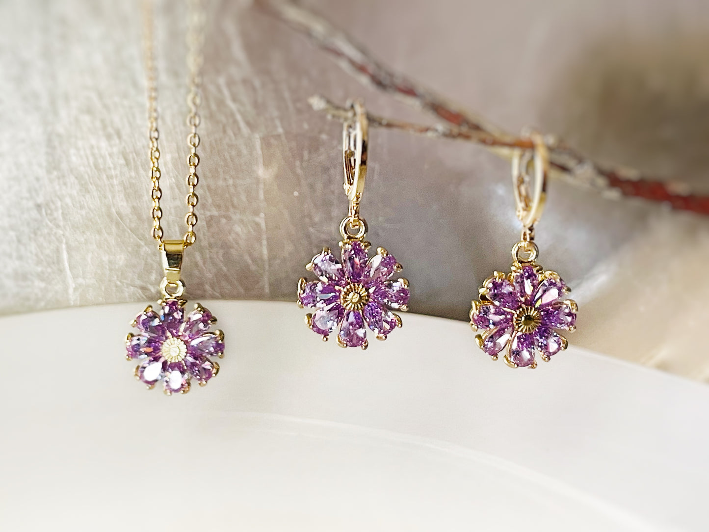 Amethyst purple daisy flower 2pc jewelry set