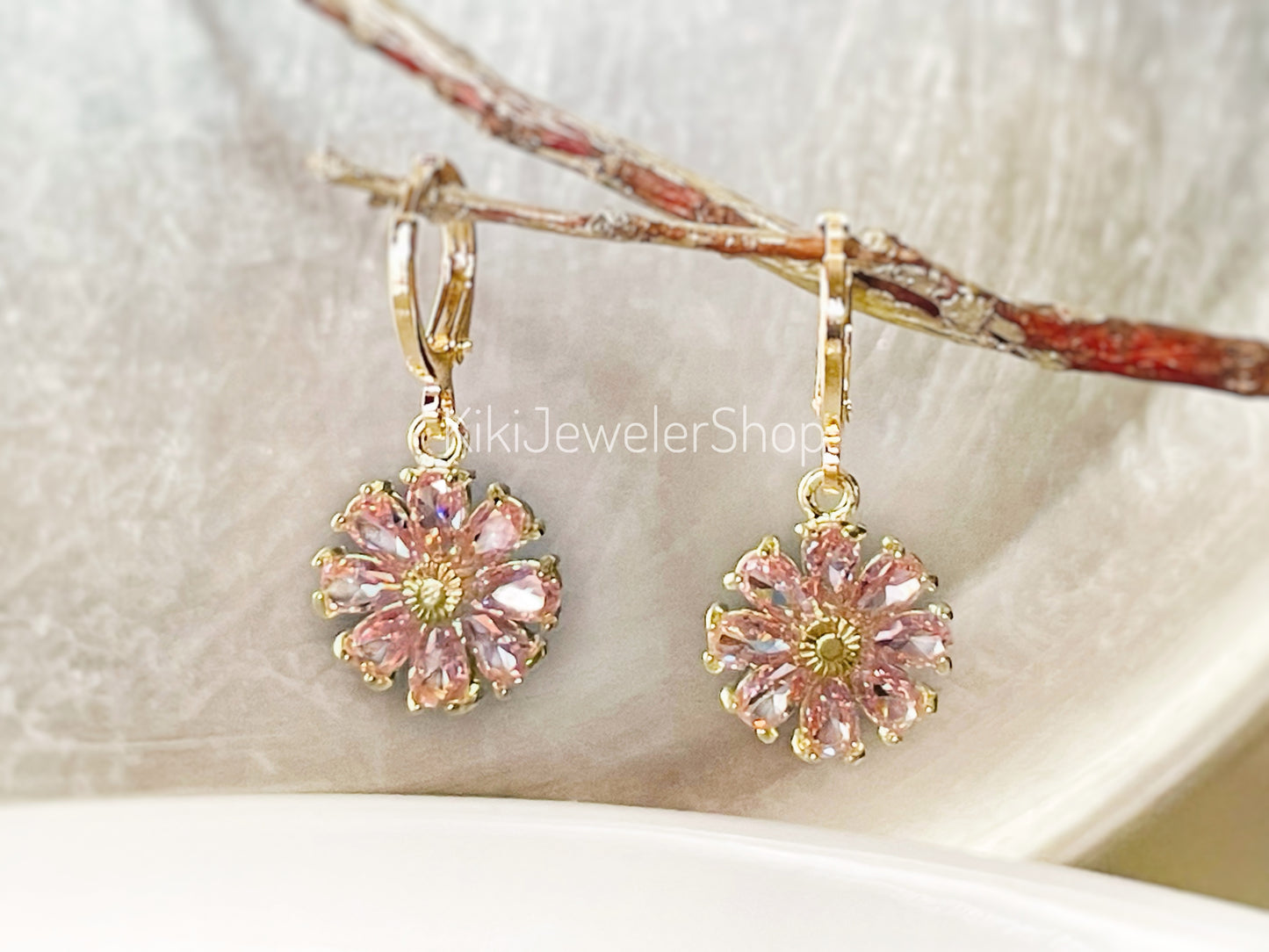 Pink sapphire flower leverback dangle earrings, pink gemstone daisy flower earrings, October birthstone, gift for mom, gift for her