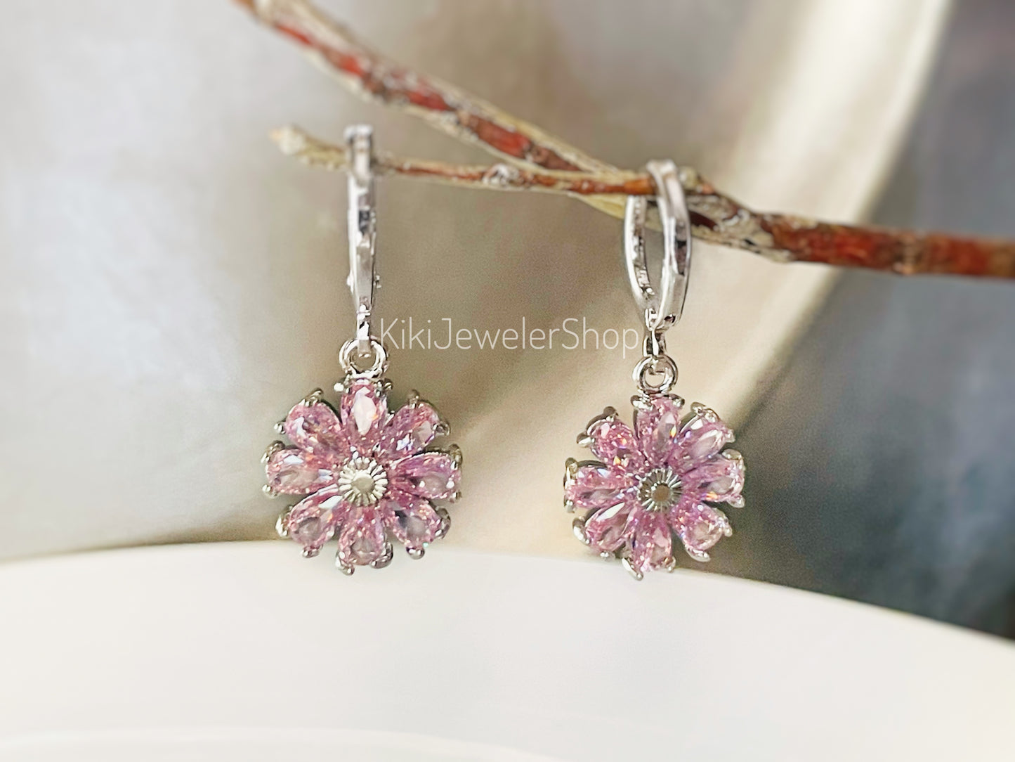 Pink sapphire flower leverback dangle earrings, pink gemstone daisy flower earrings, October birthstone, gift for mom, gift for her