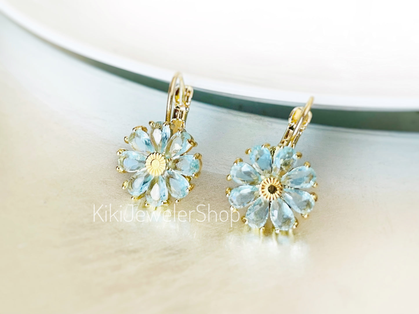 Daisy flower dangle earrings leverback, flower gem drop earrings, birthstone flower earring, gift for mom, gift for her, birthday earrings