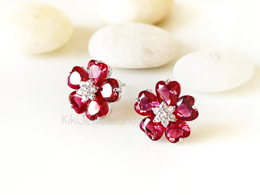 Pink tourmaline flower stud earrings, pink gemstone double flower studs