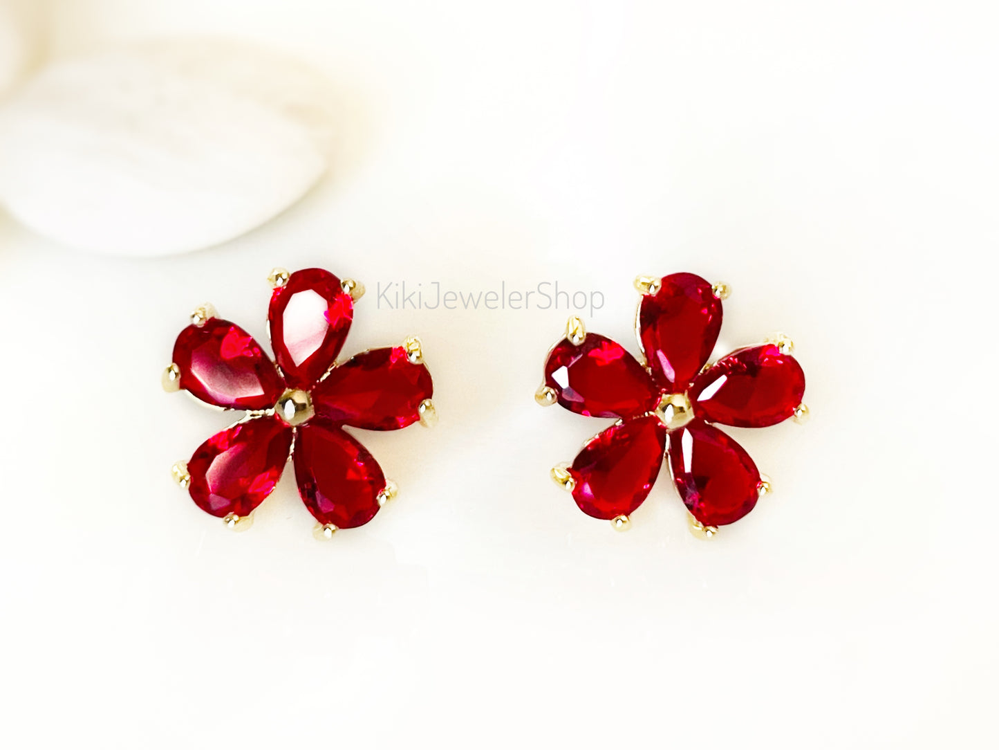 Ruby flower stud earrings studs, dark red gemstone 5 petal flower studs