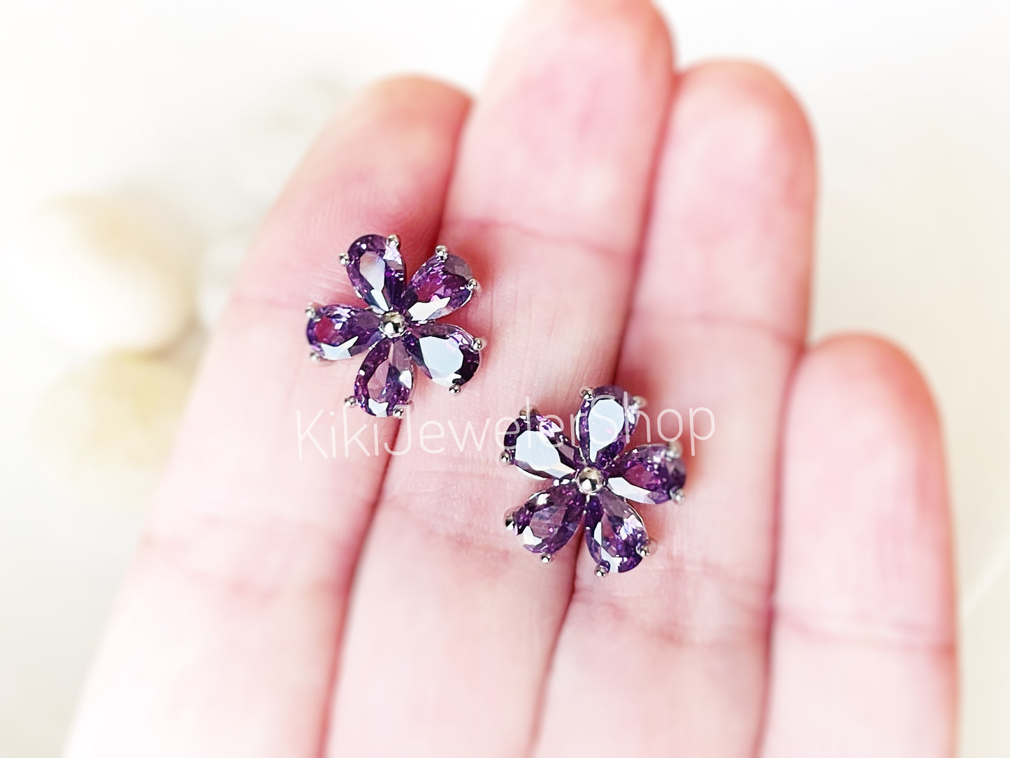 Ruby flower stud earrings studs, dark red gemstone 5 petal flower studs