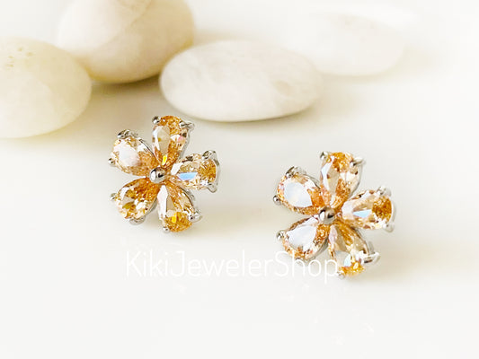 Light topaz flower stud earrings studs, champagne gemstone flower studs