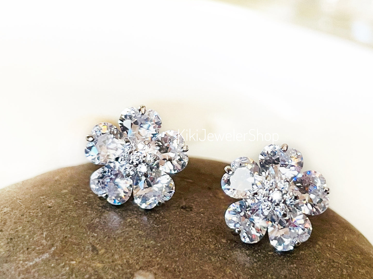 Aquamarine flower stud earrings, light blue gemstone double flower studs