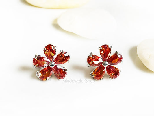 Garnet flower stud earrings studs, dark red gemstone 5 petal flower studs