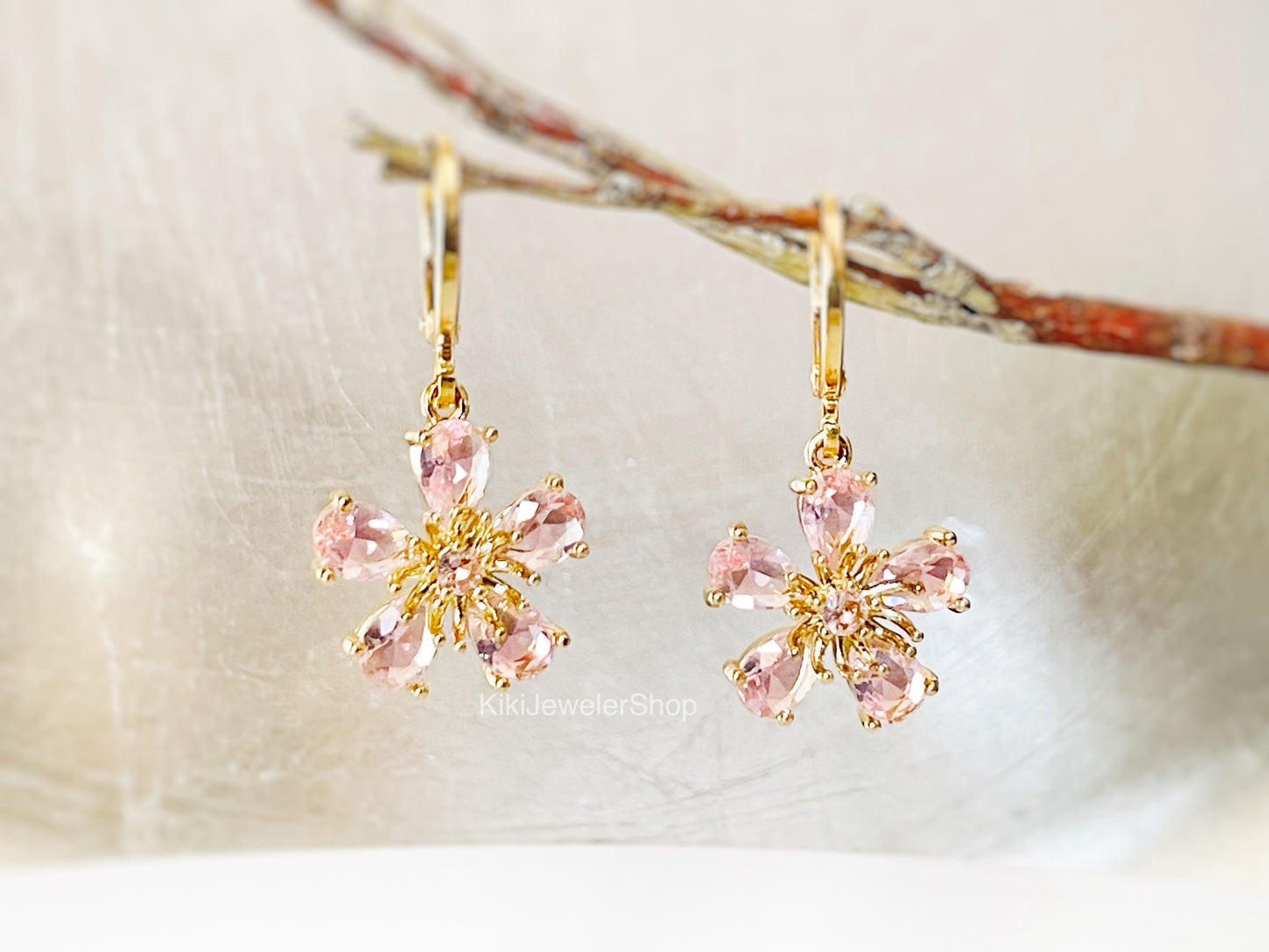 Pink Tourmaline Flower Dangle Earrings