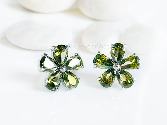 Peridot flower stud earrings studs, olive green gemstone 5 petal flower studs