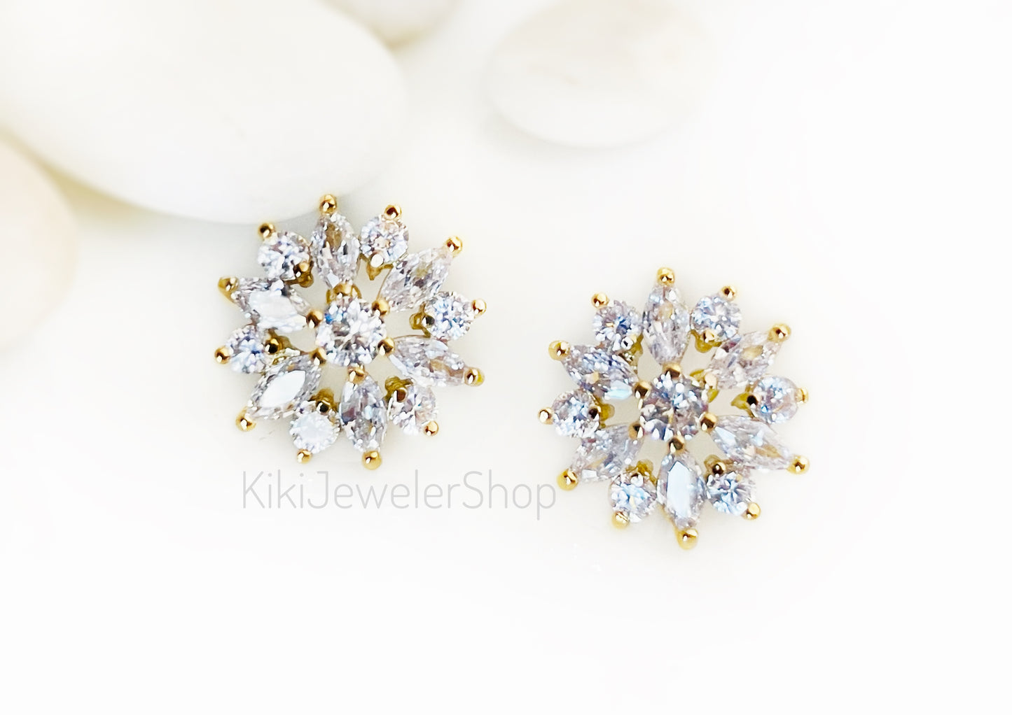 Amethyst White sapphire flower stud earrings, snowflake gemstone studs