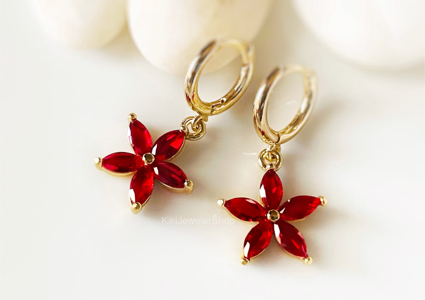 Ruby Flower Dangle Earrings