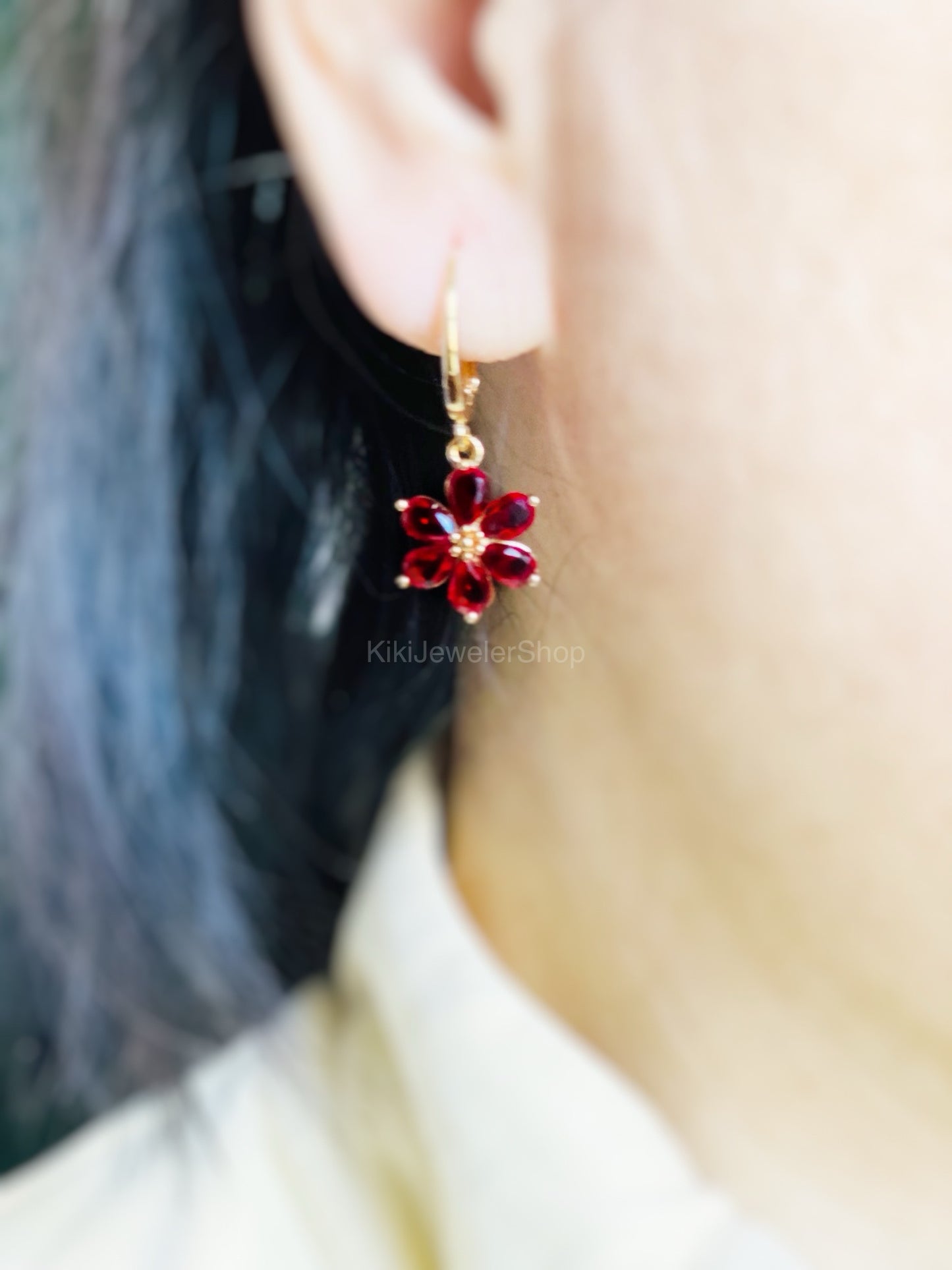 Ruby red sapphire flower dangle earrings