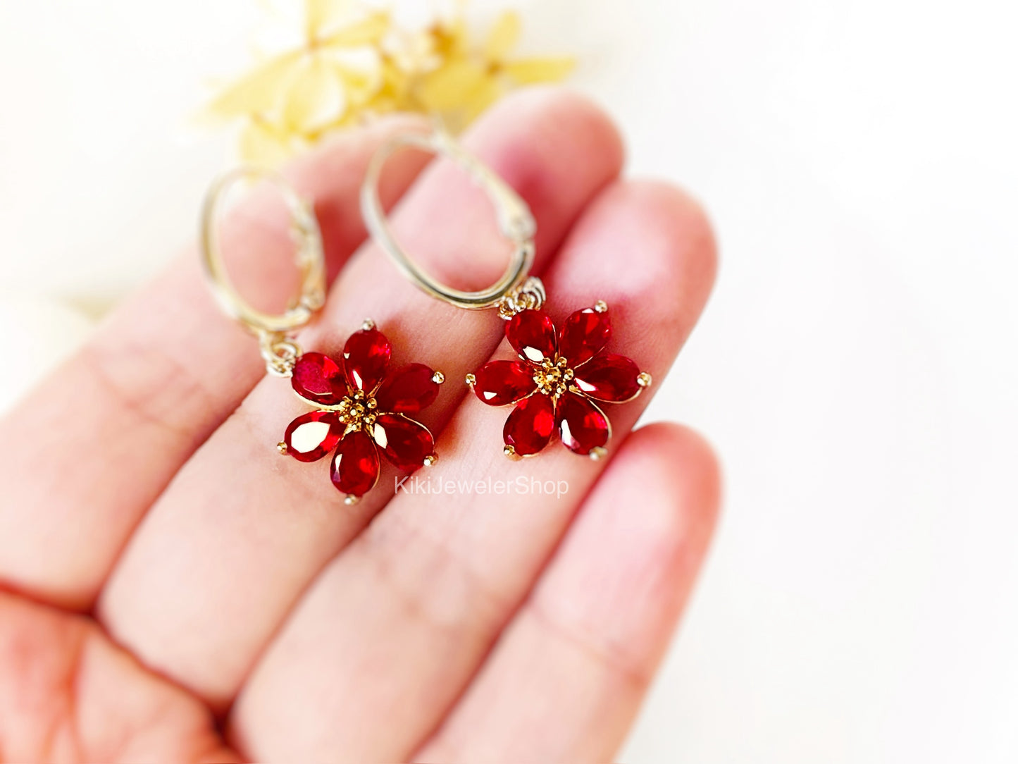 Ruby red sapphire flower dangle earrings