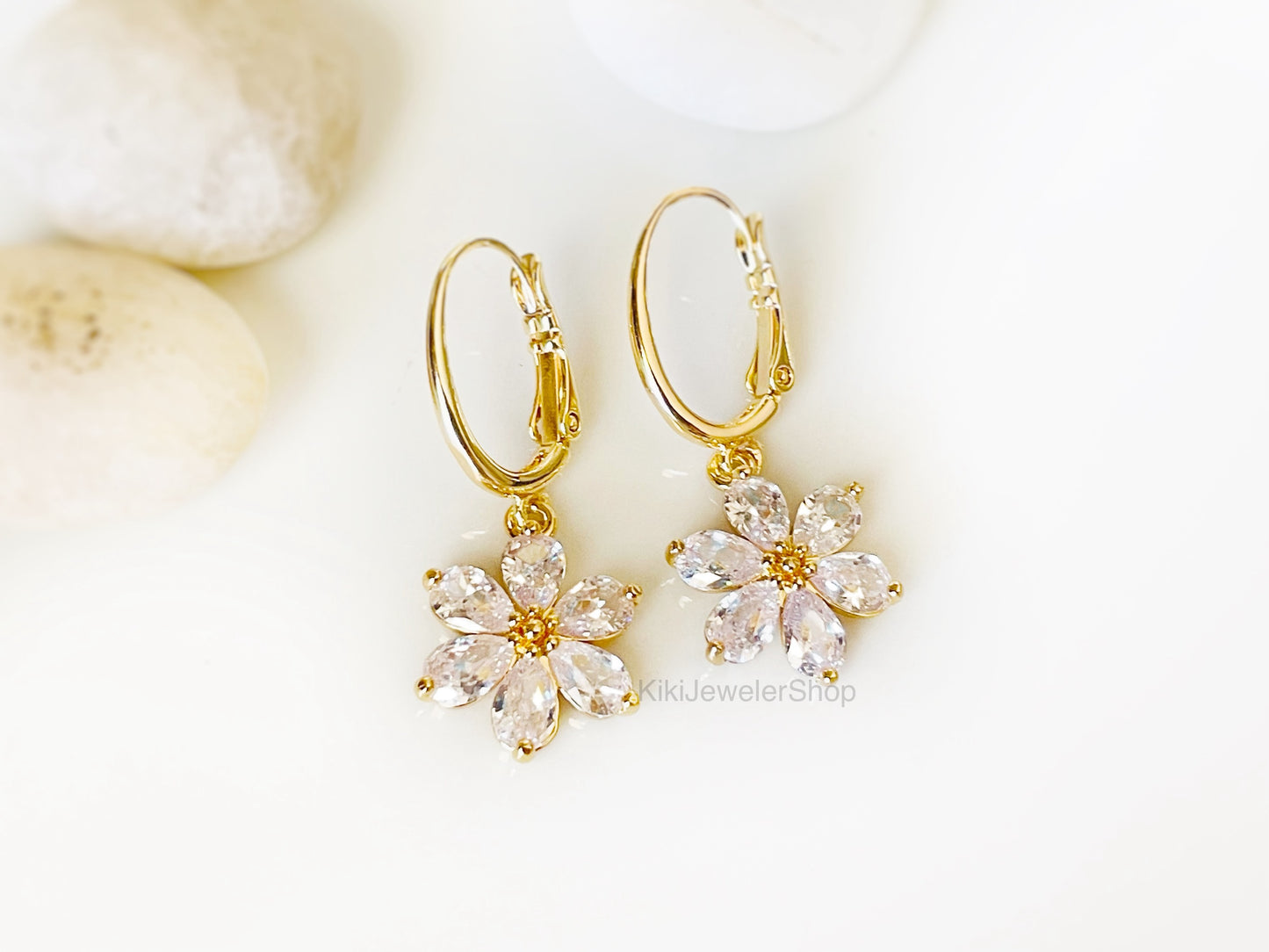 Ruby red sapphire flower dangle earrings