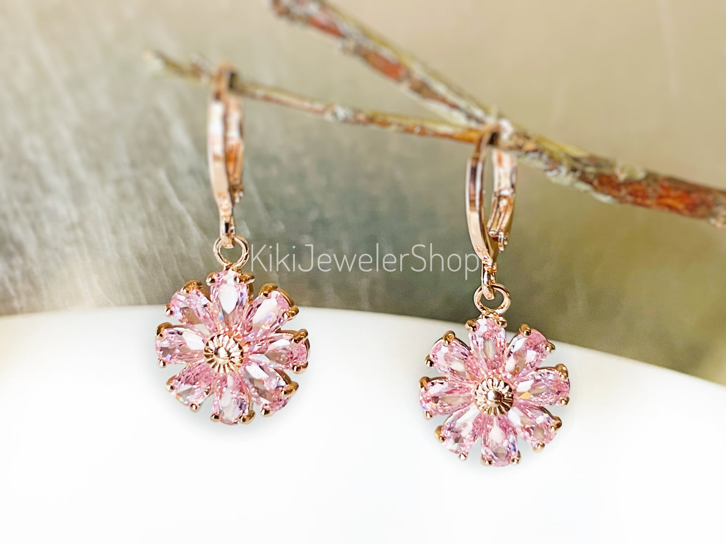 Pink sapphire flower leverback dangle earrings, pink gemstone daisy flower earrings, October birthstone, gift for mom, gift for her