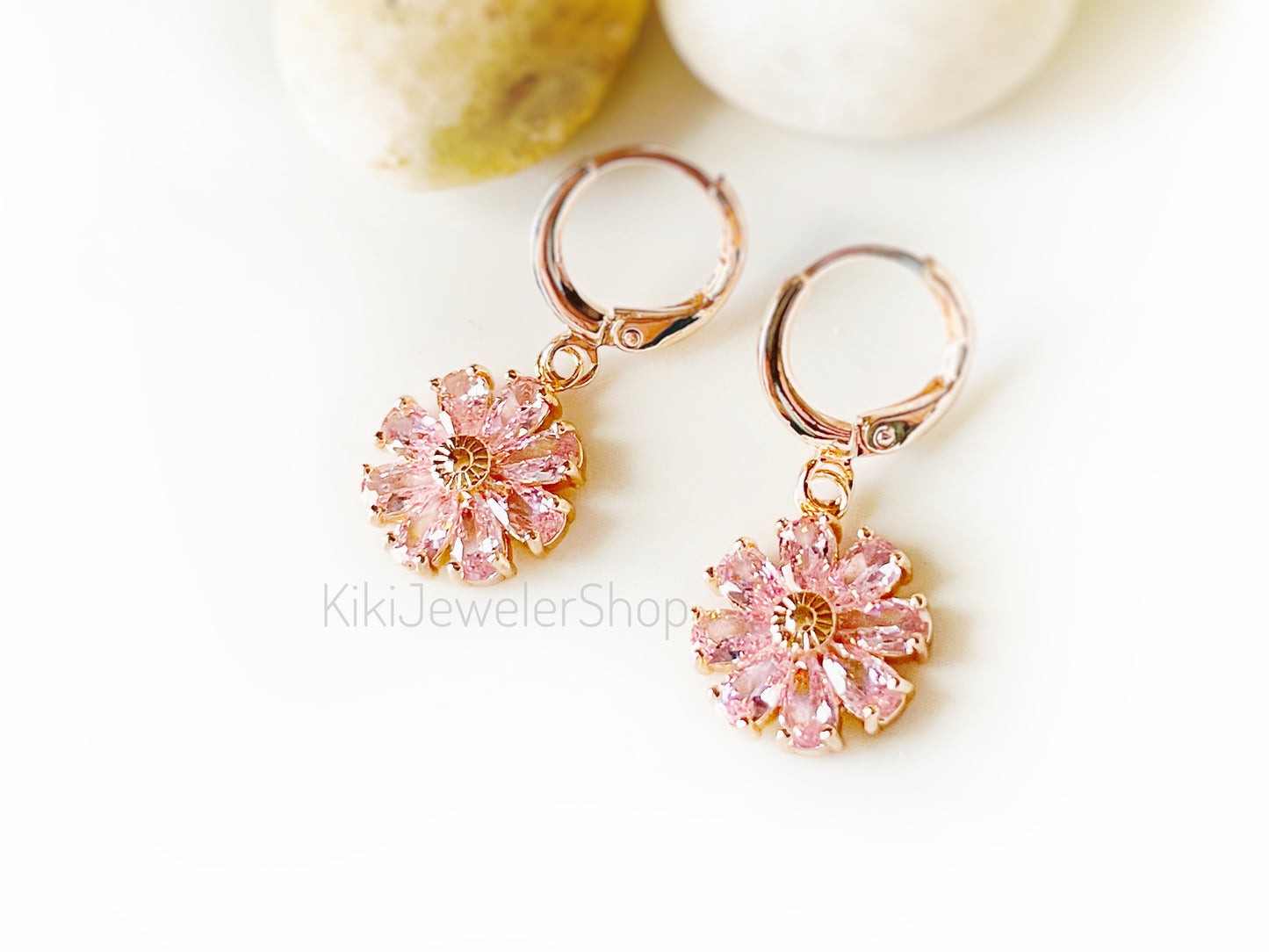 Pink sapphire flower leverback dangle earrings, pink gemstone daisy flower earrings, October birthstone, gift for mom, gift for her