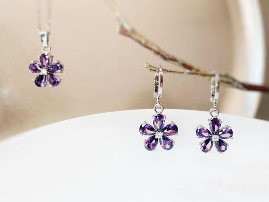 Amethyst flower dangle earrings, amethyst 2pc jewelry set, pink sapphire, rain flower earrings, birthstone earrings, gift for her