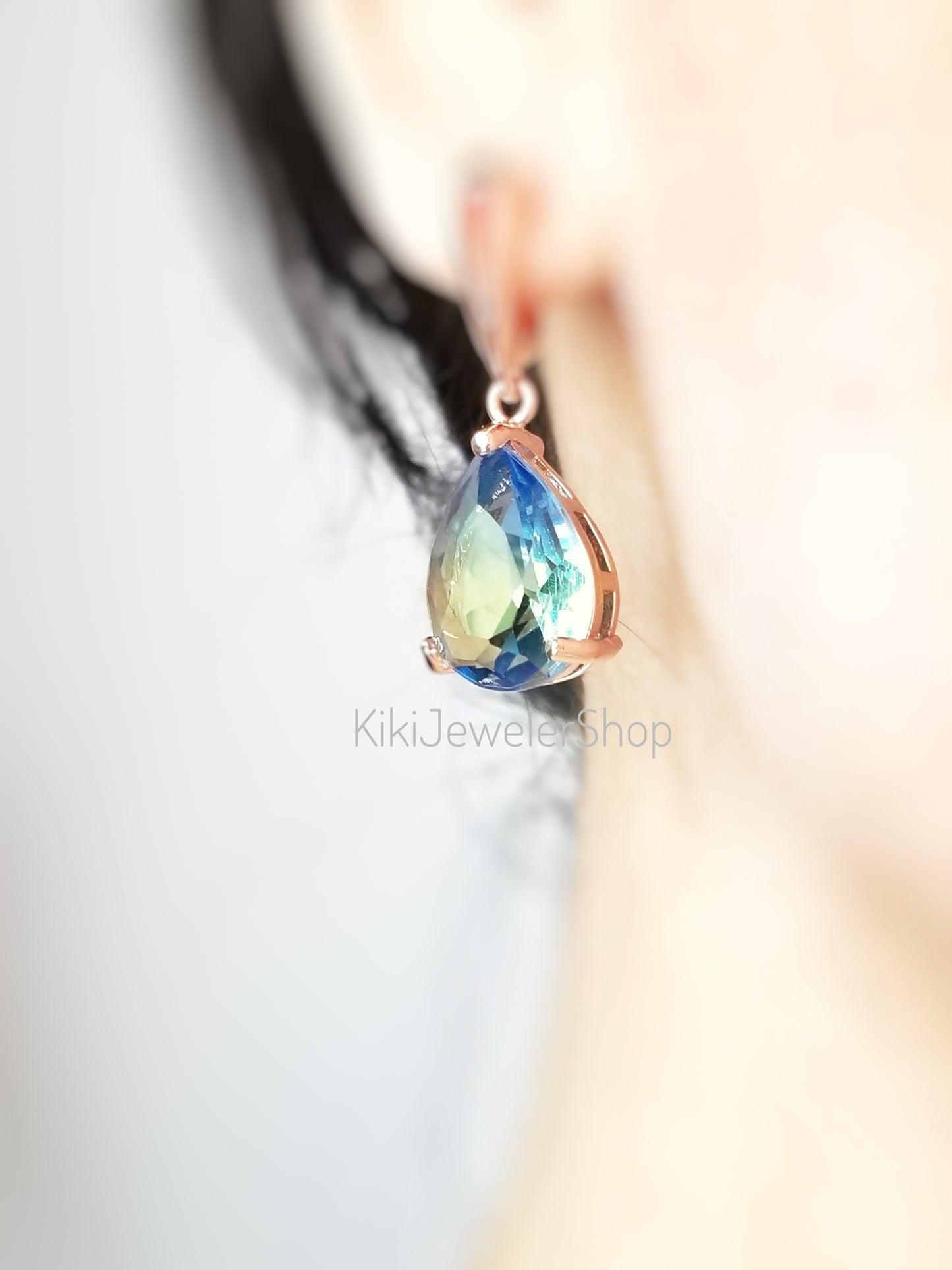 Large bicolor sapphire earring 14k gold, large teardrop bicolor sapphire dangles, gift for her, gift for mom