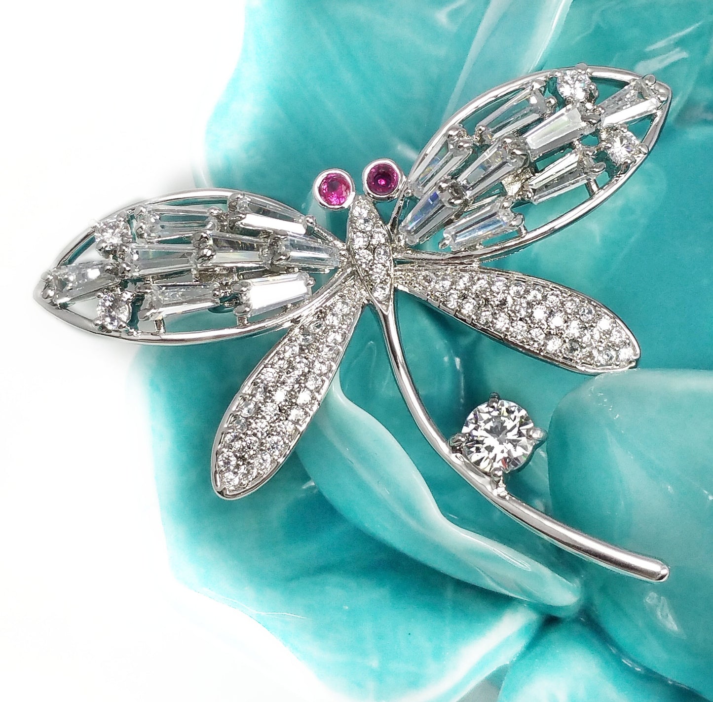 Large pave baguette stones and ruby dragonfly brooch in 18kt white gold rhodium, gift fo her, gift for mom