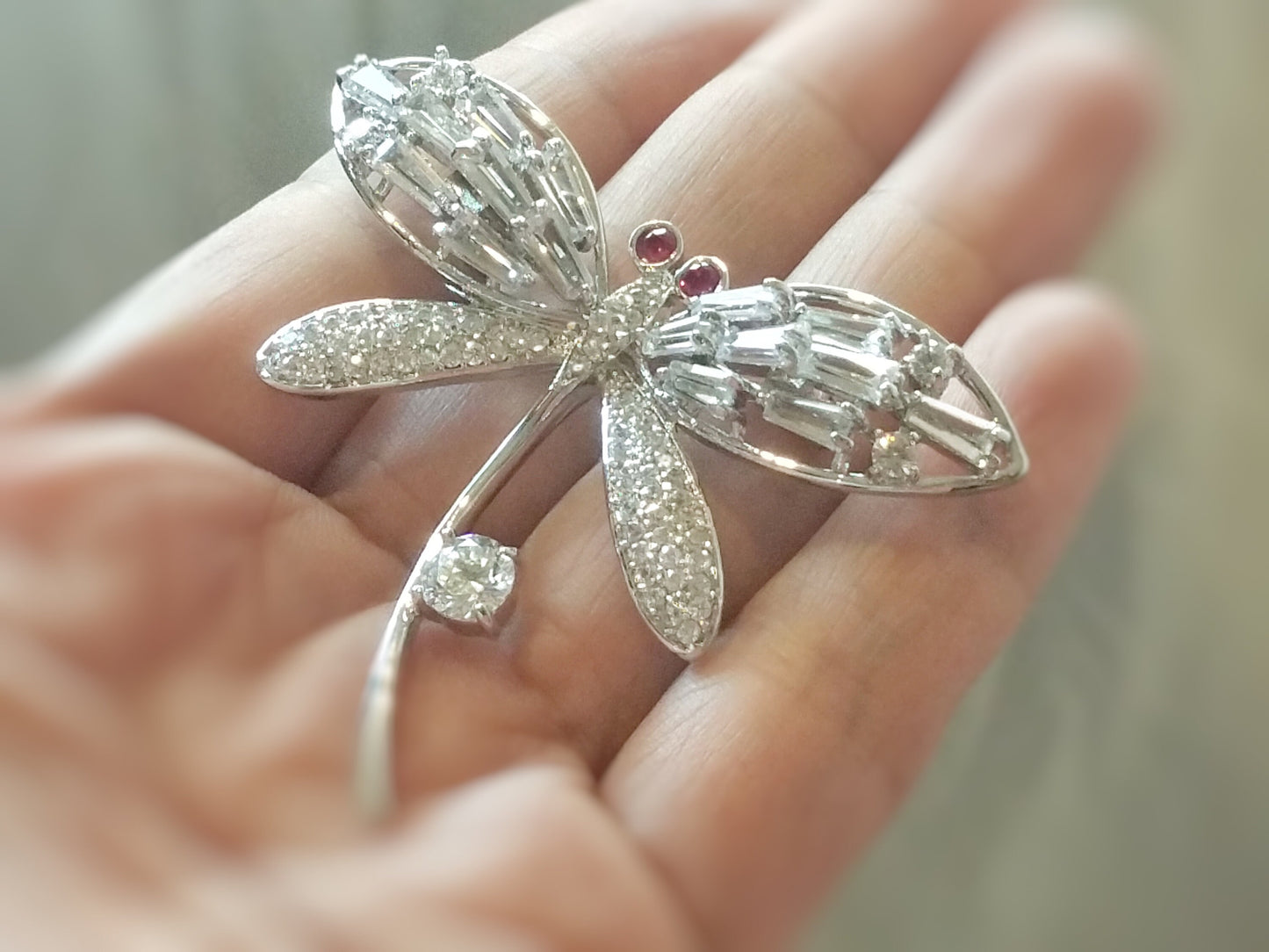 Large pave baguette stones and ruby dragonfly brooch in 18kt white gold rhodium, gift fo her, gift for mom