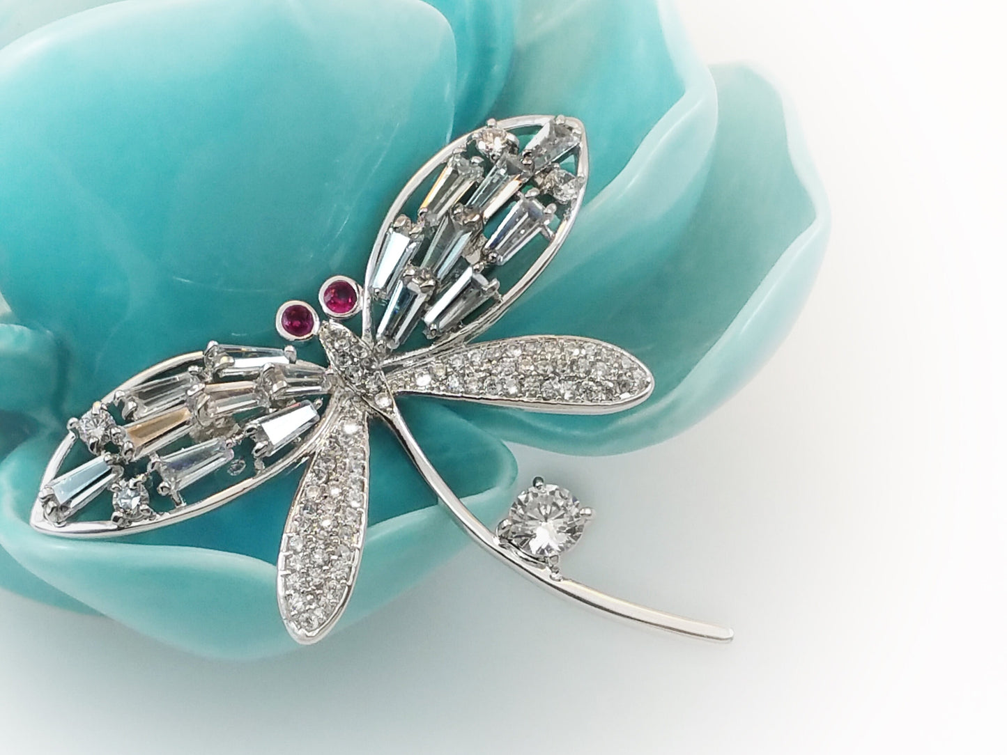 Large pave baguette stones and ruby dragonfly brooch in 18kt white gold rhodium, gift fo her, gift for mom