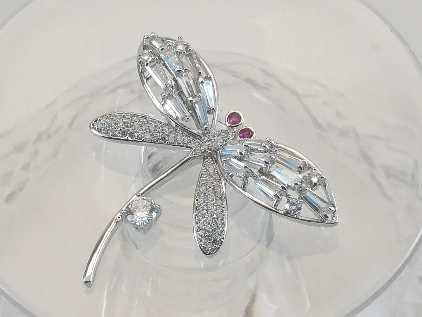 Large pave baguette stones and ruby dragonfly brooch in 18kt white gold rhodium, gift fo her, gift for mom