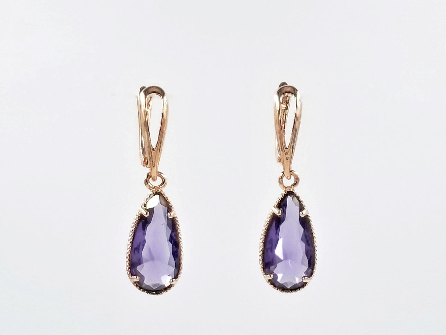 Pear shaped amethyst dangling earring in 14K rose gold, purple gemstone teardrop earrings, gift for her, gift for mom, February birthstones